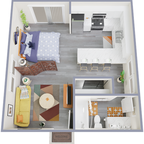 a top down view of a 1 bedroom apartment with a living room and kitchen